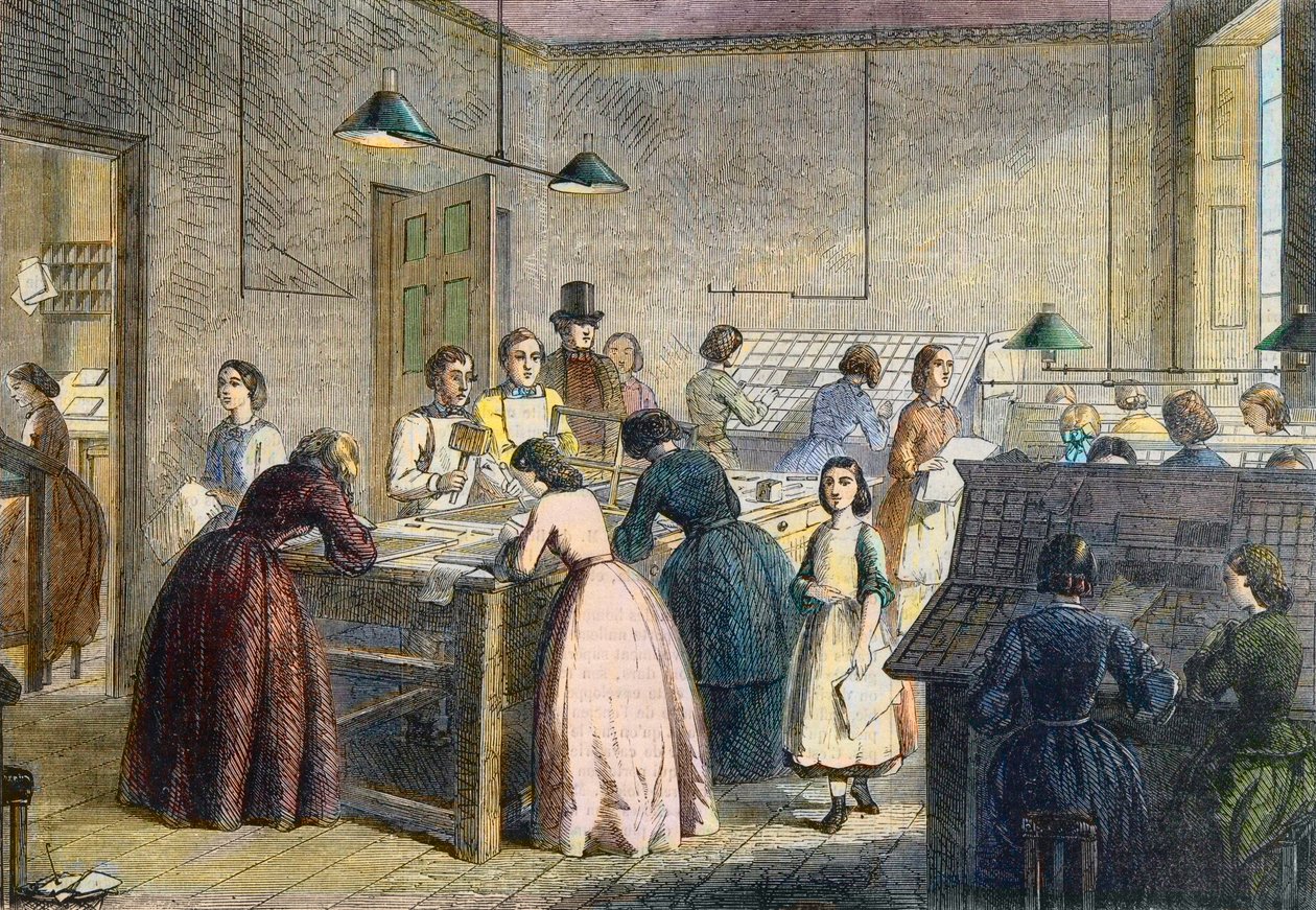 Kvinnliga kompositörer vid tryckeriet i Victoria Press, Great Coram Street, London, 1860. av English School
