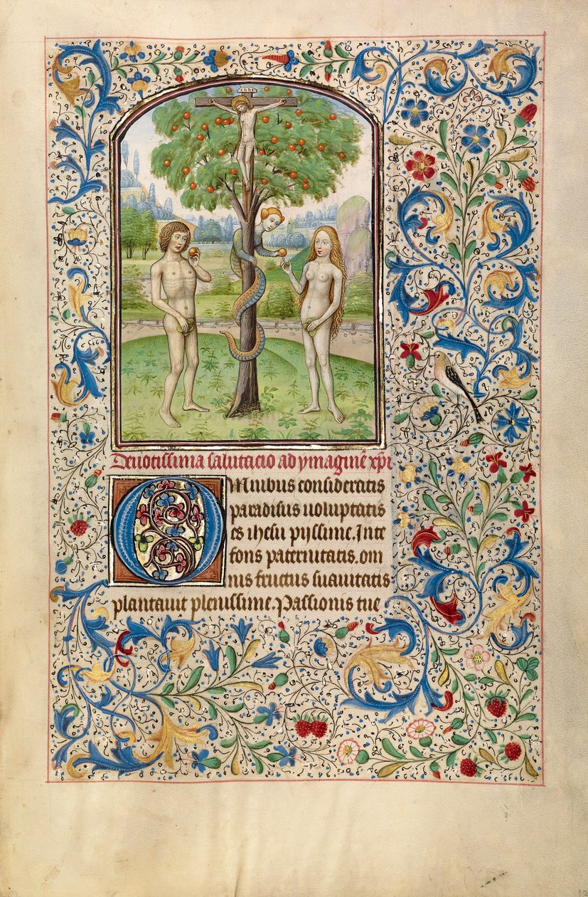 Adam och Eva äter den förbjudna frukten, början av 1460 (tempera, bladguld och bläck på pergament) av Flemish School