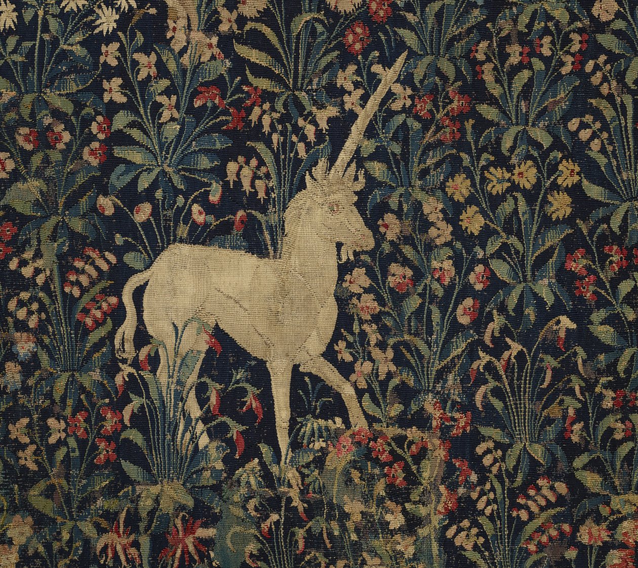 Allegorisk Millefleurs gobelin med dyr, 1530-45 (uld & silke) svensk av Flemish School