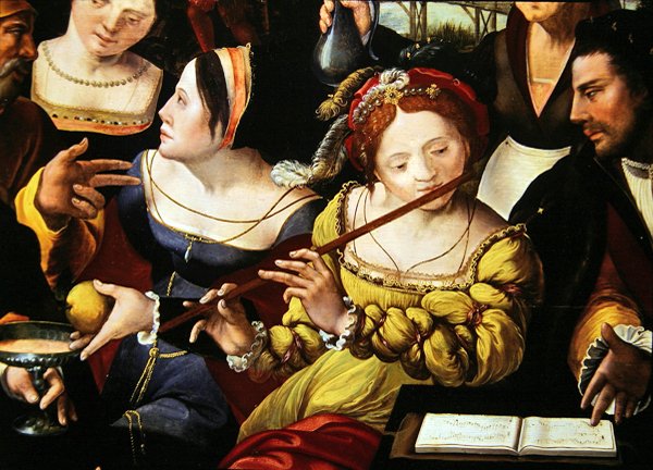 Scen Galante vid portarna i Paris, detalj av en flöjtspelare (detalj av 216104) av Flemish School