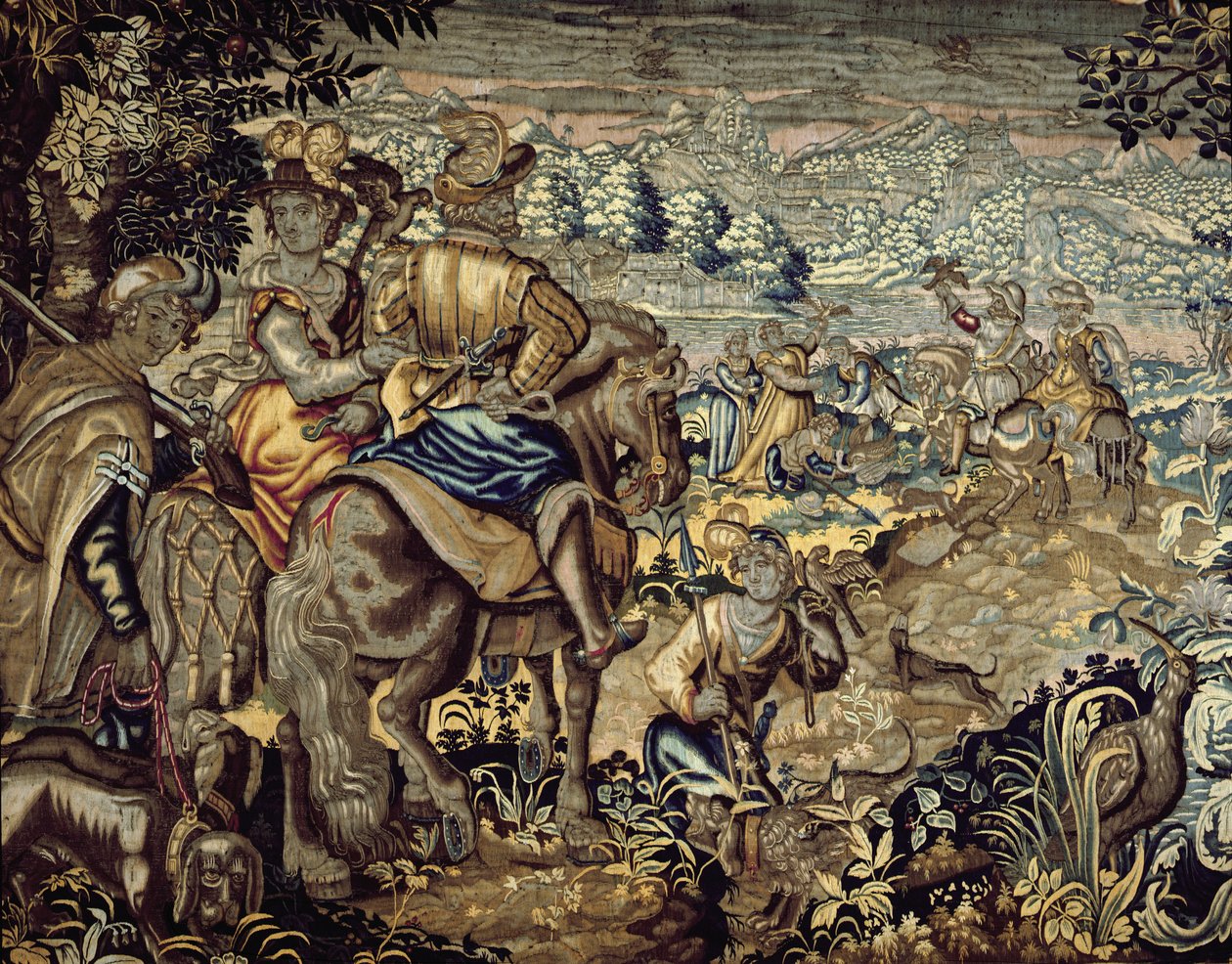 Gobeläng som föreställer en falkenjaktscen (broderi) av Flemish School