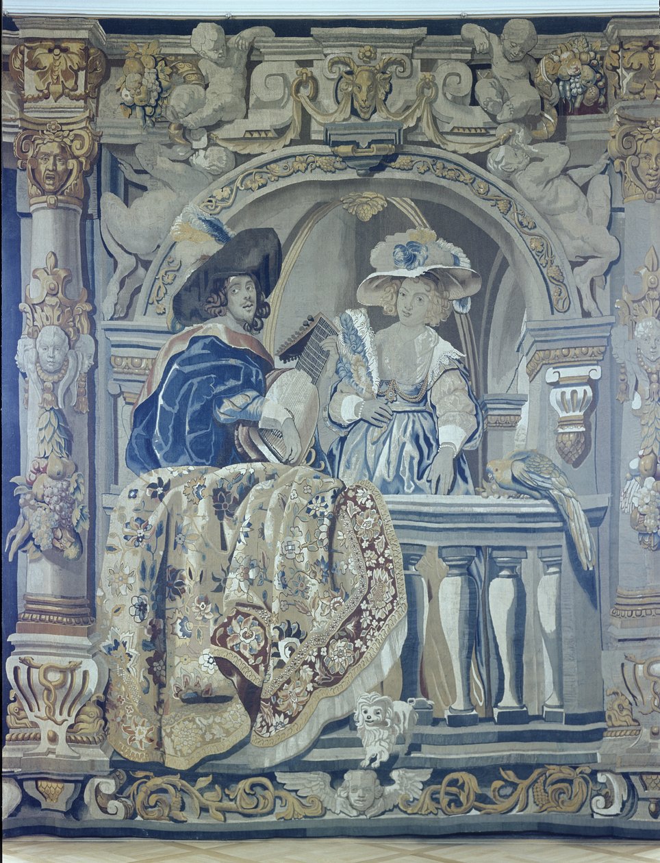 Gobeläng med en dam och kavaljer på en balkong (textil) av Flemish School