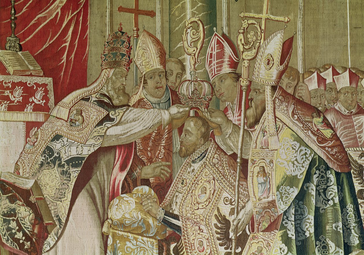 The Coronation of Charles V (1500-58) från The Tapestry of Charles Quint, c.1630-40 (detalj av 167804) av Flemish School
