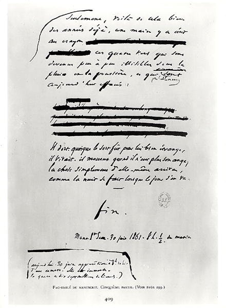 ... som natten är när dagen går. (fin), faksimil av sista sidan av manuskriptet Les Miserables av Victor Hugo (1802-85) 30 juni 1862 (penna och bläck på papper) av French School