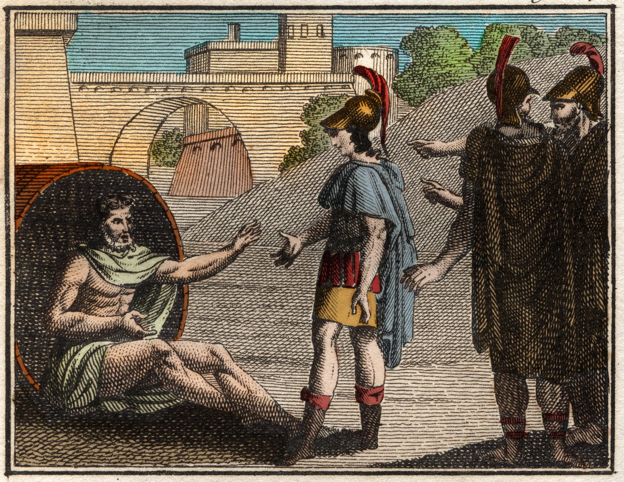 Alexander den store (Alexander III av Makedonien (356-323 f.Kr.) besöker Diogenes av Sinope (ca 410-c 320 f.Kr.), grekisk cynisk filosof. av French School