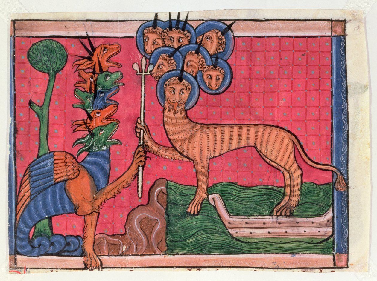 Apocalypse Miniatures: The Dragon Waging War och The Beast of the Sea, c.1295 (tempera på veläng) av French School