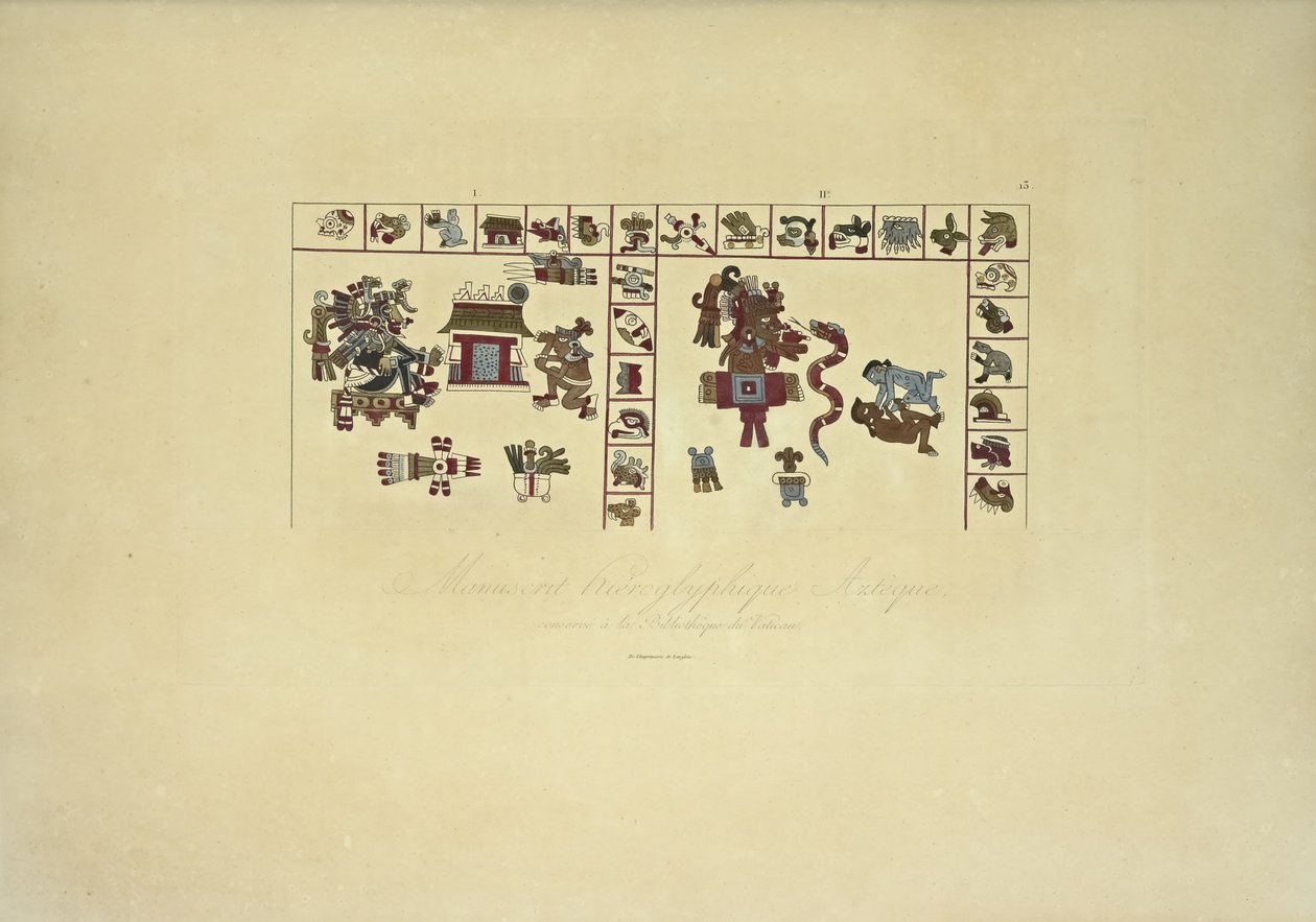 Aztekiskt hieroglyfiskt manuskript bevarat i Vatikanens bibliotek, illustration från Views of the Cordilleras and Monuments of the Ursprungsbefolkning i Amerika av Alexander von Humboldt och Aime Bonpland, 1813 av French School