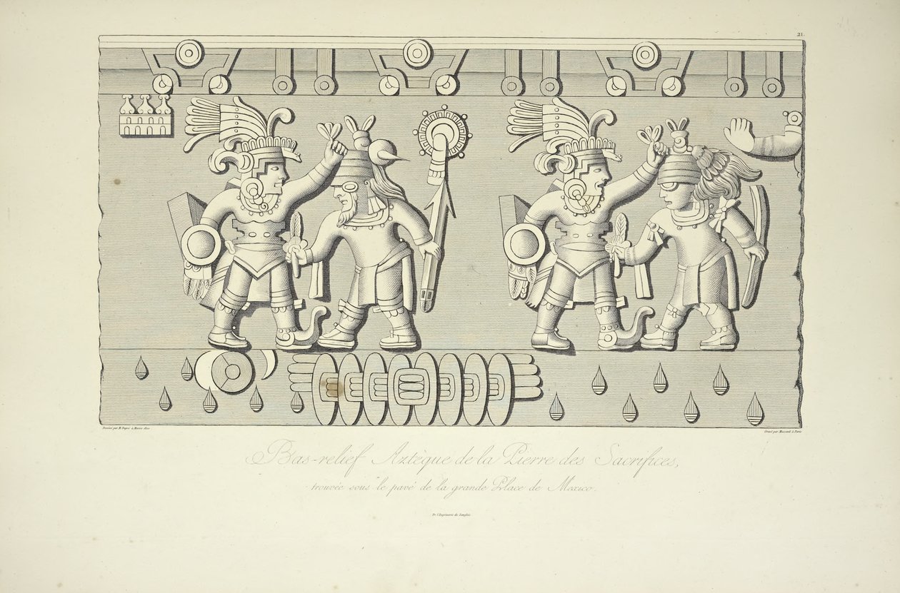 Aztekisk stenrelief av offer, illustration från Views of the Cordilleras and Monuments of the Native Peoples of America av Alexander von Humboldt och Aime Bonpland, 1813 av French School