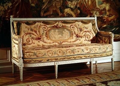 Snidad träsoffa klädd med gobeläng, stämplad Jacob (snidat trä och gobeläng) av French School