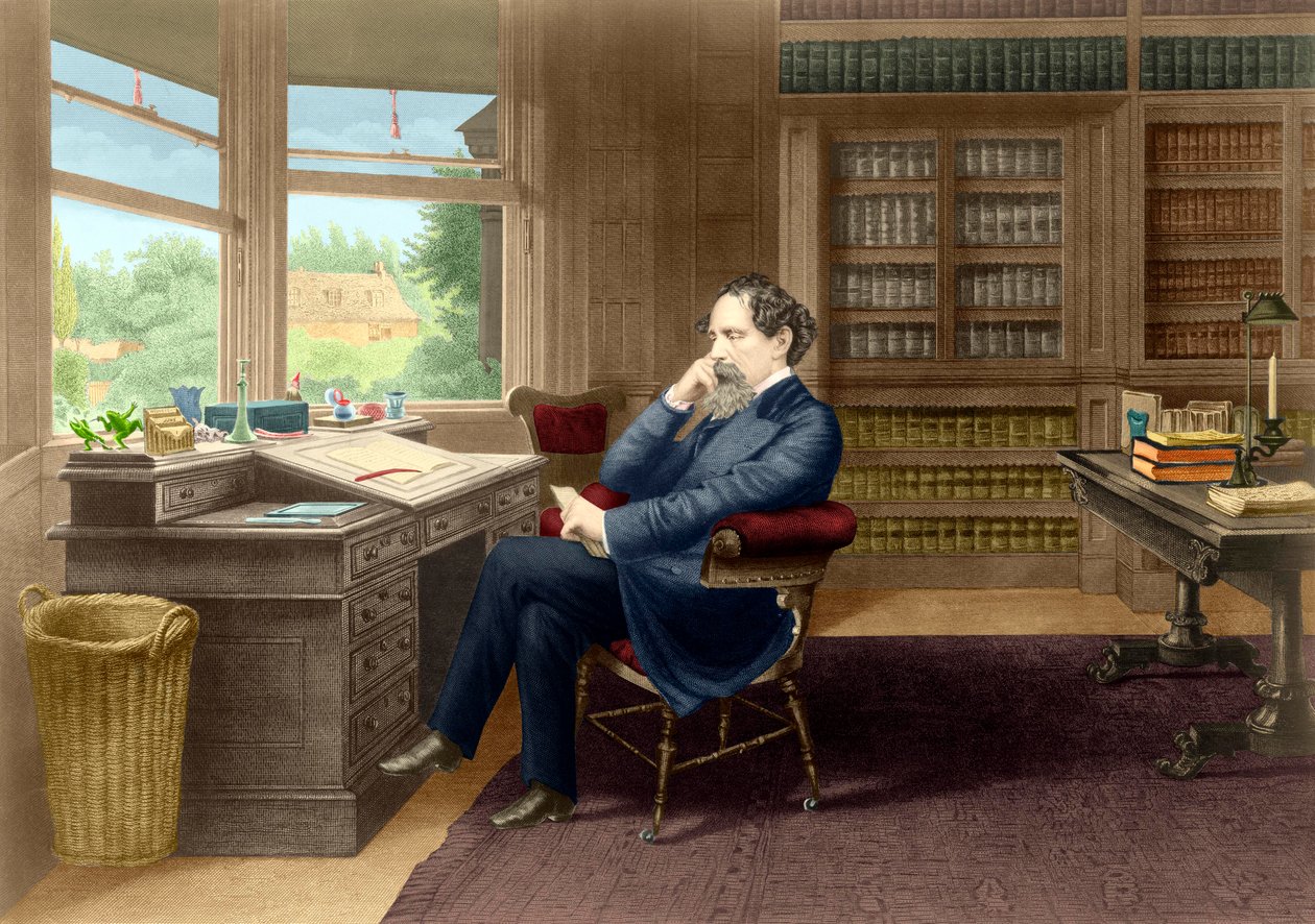 Charles Dickens i sin studie i Gadshill, 1865-70 av French School
