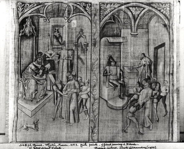 Kristus före Herodes, Kristus före Pilatus, en av fyra uppsättningar för en föreställning av passionens mysterium, från Hotel-Dieu, Reims av French School