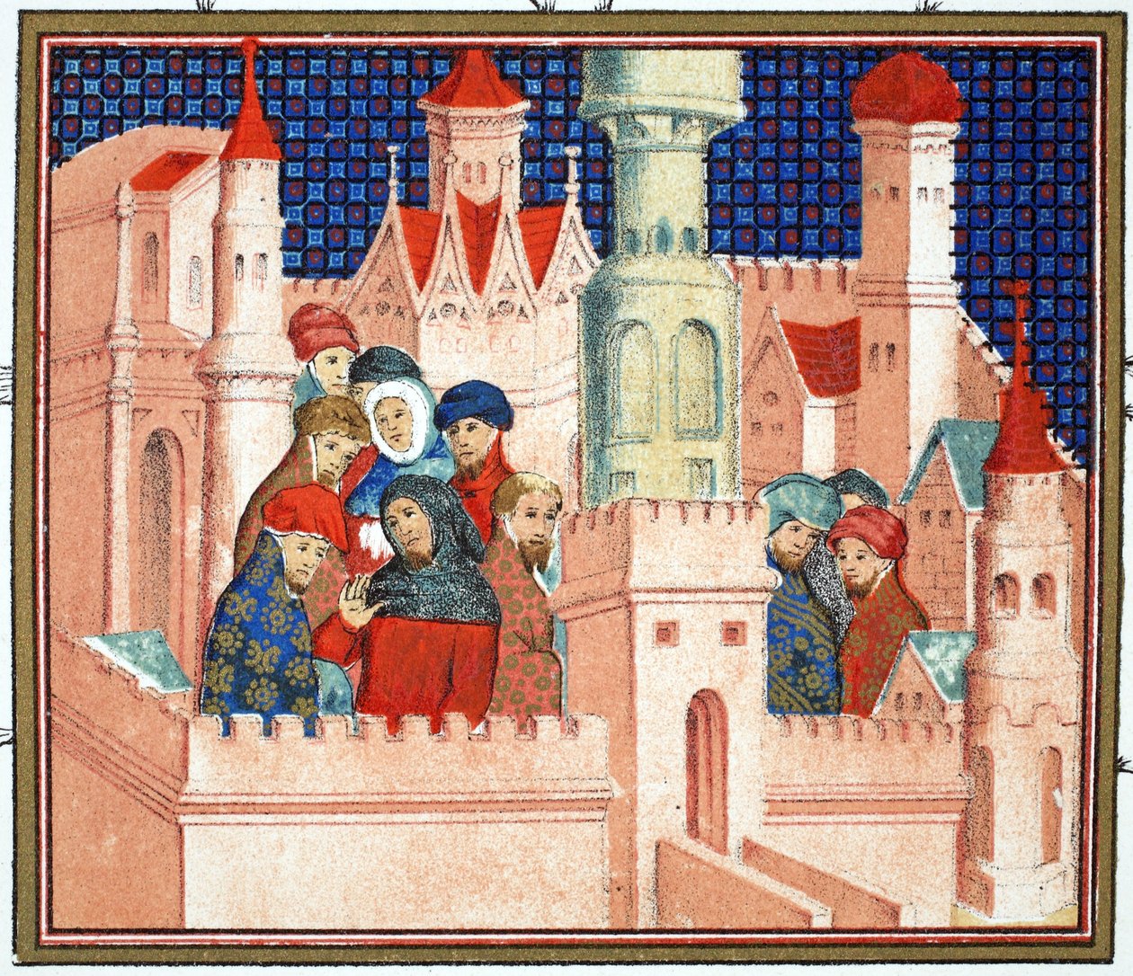 Samråd mellan Richard II och hans adelsman på Conway Castle, faksimilkopia från Le Prinse et Mort du Roy Richart av Jean Creton, omtryckt 1800-talet av French School