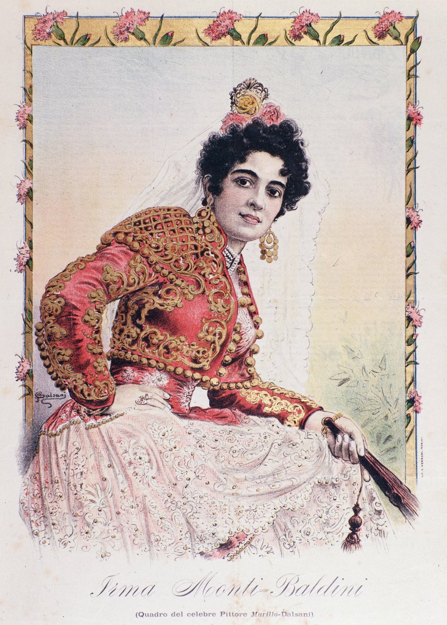 Kostym av Irma Monti Baldini (Carmen) som agerar i operan Carmen av Georges Bizet av French School