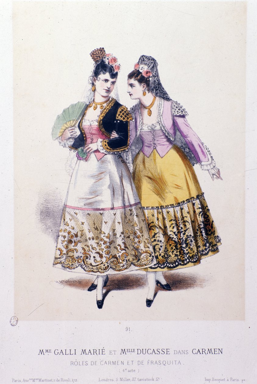 Kostymer av Marie Galli (Carmen) och fröken Ducasse (Frasquita) som agerar i Carmen av Georges Bizet av French School