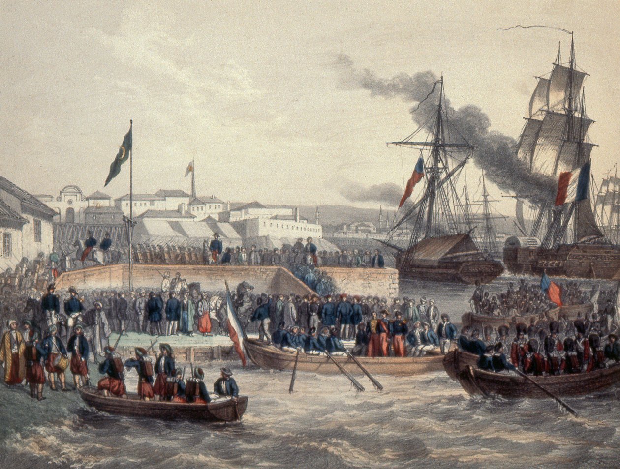 Engelska och franska trupper landstigning på order av Marshall St Arnaud, 1854 av French School