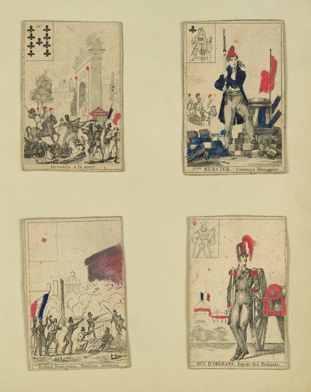 Fyra spelkort till minne av hjältarna från juli 1830, 1831 av French School