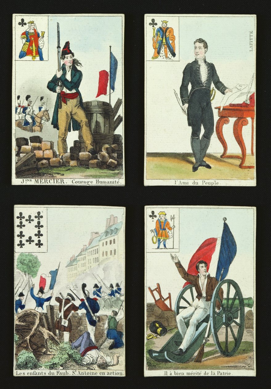 Fyra spelkort till minne av hjältarna från juli 1830, 1831 av French School