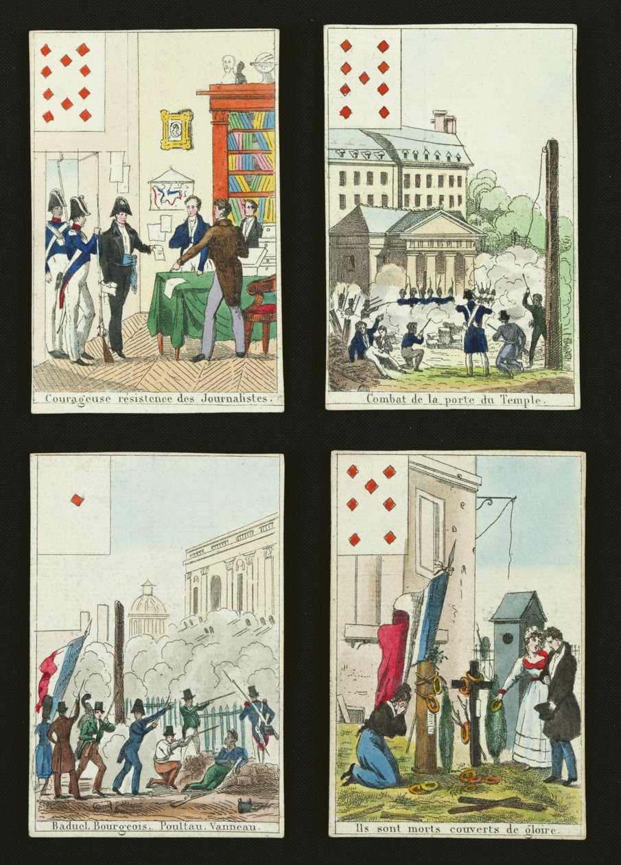 Fyra spelkort till minne av hjältarna från juli 1830, 1831 av French School