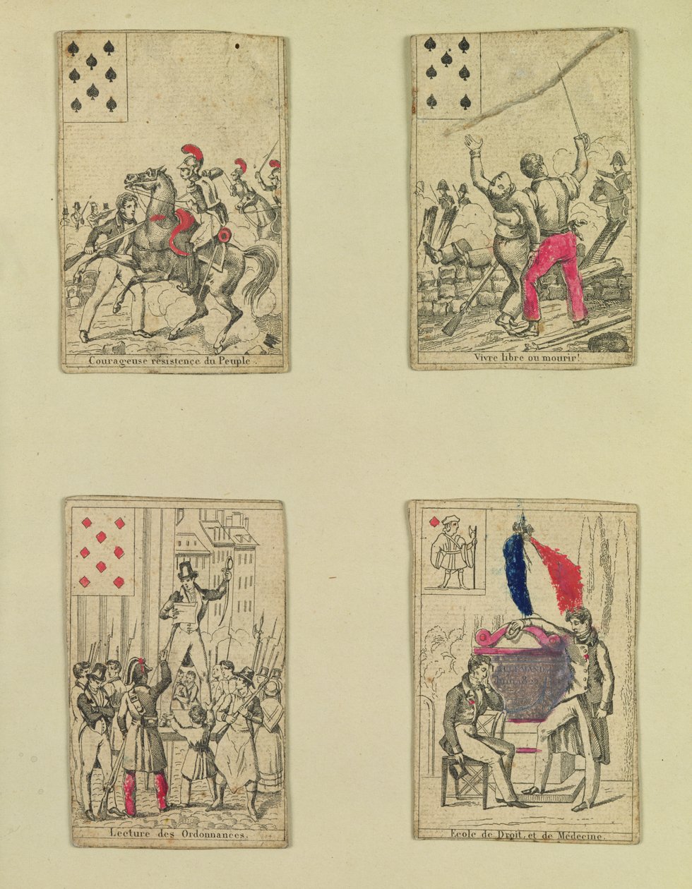 Fyra spelkort till minne av hjältarna från juli 1830, 1831 av French School
