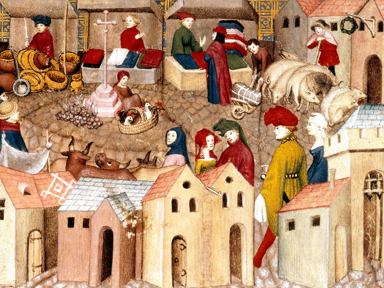Fr 12559 fol.167 Marknadsplatsen, illumination från Le Chevalier errant av Thomas III de Saluces, Paris, ca 1400-05 av French School