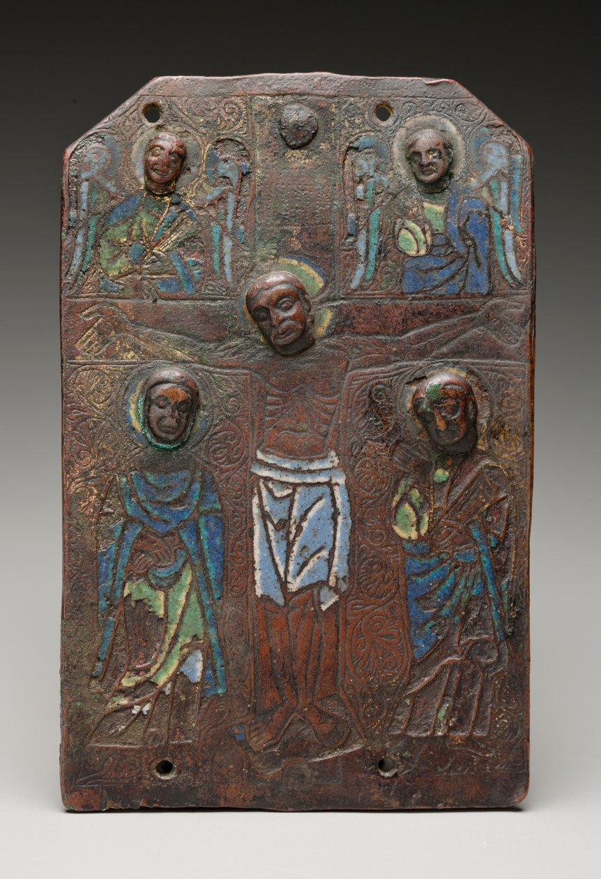 Fragment av en plakett från ett relikvieschassi föreställande korsfästelsen, 11751200 (champleve-emalj på koppar med spår av förgyllning) av French School
