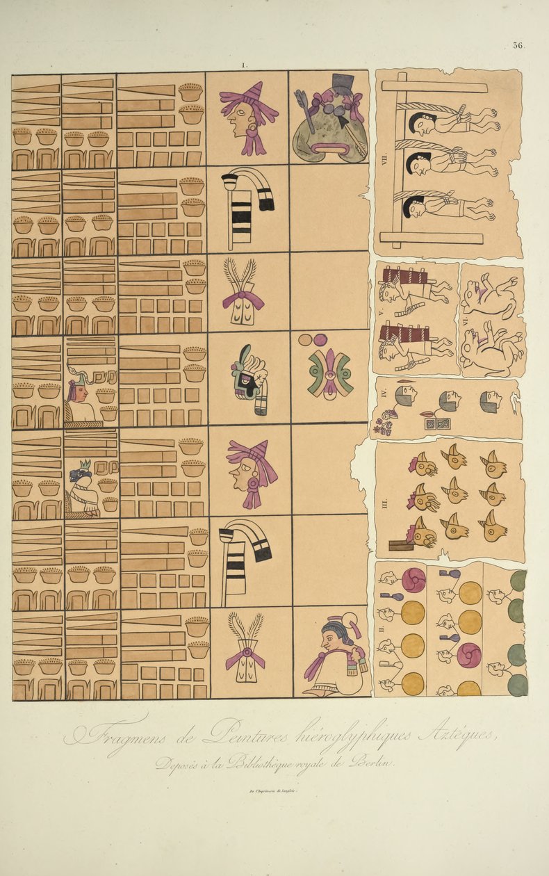 Fragment av aztekiska hieroglyfiska målningar från det kungliga biblioteket i Berlin, illustration från Views of the Cordilleras and Monuments of the Ursprungsbefolkning i Amerika av Alexander von Humboldt och Aime Bon av French School