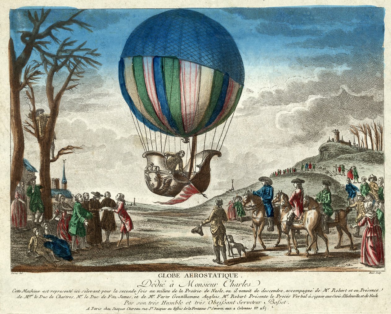 Aerostatic Globe, tillägnad Monsieur Charles, pub. 1783 (handfärgad gravyr) av French School