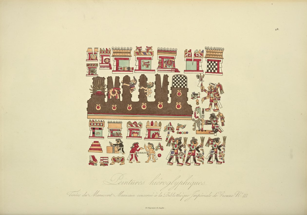 Hieroglyfiska målningar från det mexikanska manuskriptet III, bevarade på det kejserliga biblioteket i Wien, illustration från Views of the Cordilleras and Monuments of the Indigenous Peoples of America av Alexander von av French School