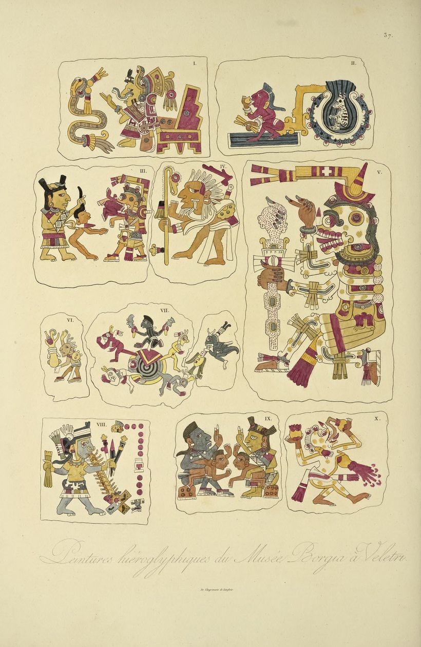 Hieroglyfiska målningar från Borgia Museum, Veletri, illustration från Views of the Cordilleras and Monuments of the Indigenous Peoples of America av Alexander von Humboldt och Aime Bonpland, 1813 (hand-co av French School
