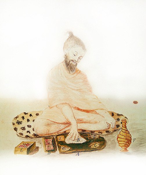 Indian Missionary Eating, 1688 (färggravyr) av French School