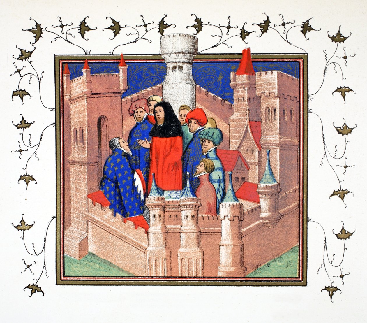 Interiör av Conway Castle och Earl of Northumberland som levererar sitt falska meddelande till Richard II, faksimilkopia från Le Prinse et Mort du Roy Richart av Jean Creton, omtryckt 1800-talet (färg av French School
