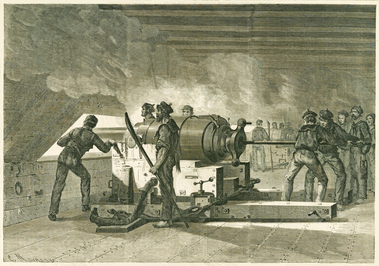 Interiör av Merrimacs batteri, under kampen med monitorn, publicerad 1862-1865 (trägravyr) av French School