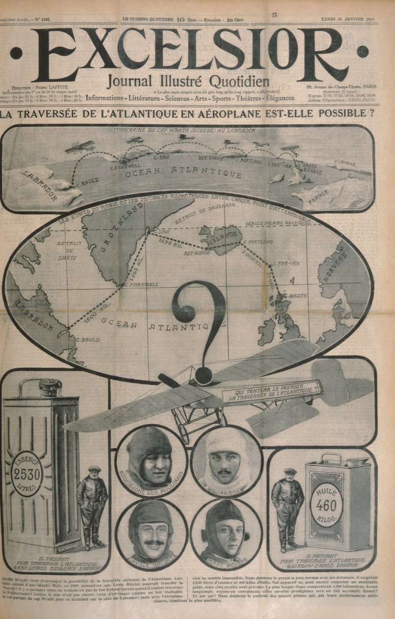 Är det möjligt att korsa Atlanten med flygplan?, omslag till tidskriften Excelsior, 26 oktober 1914 av French School