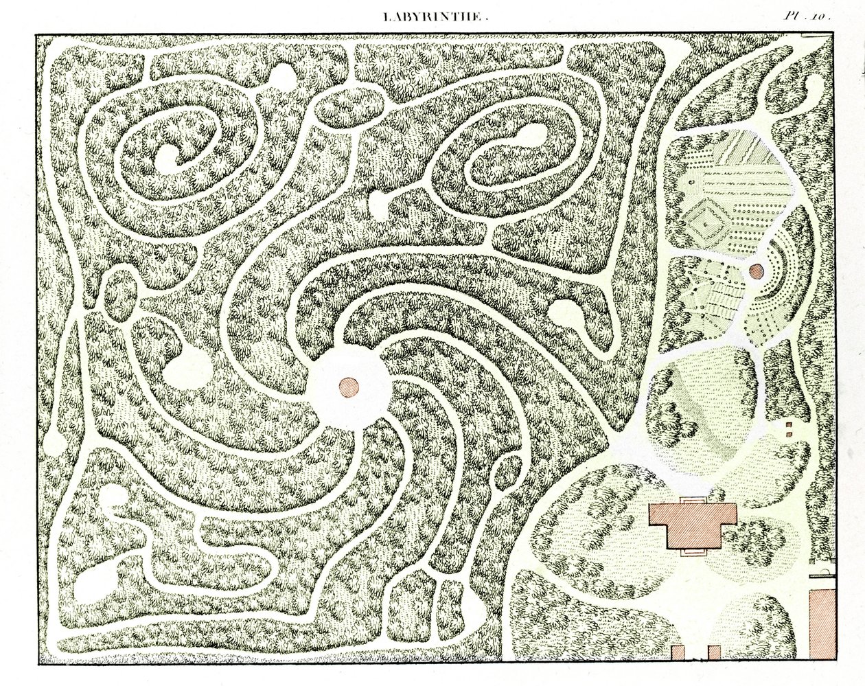 Labyrintprojekt från Essay on the composite and ornament of gardens av M. Boitard, Paris 1823 (handkolorerad gravyr) av French School