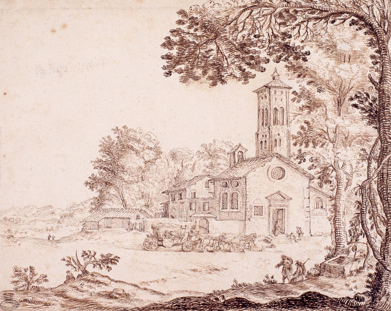 Landskap, kyrka och vagn av French School