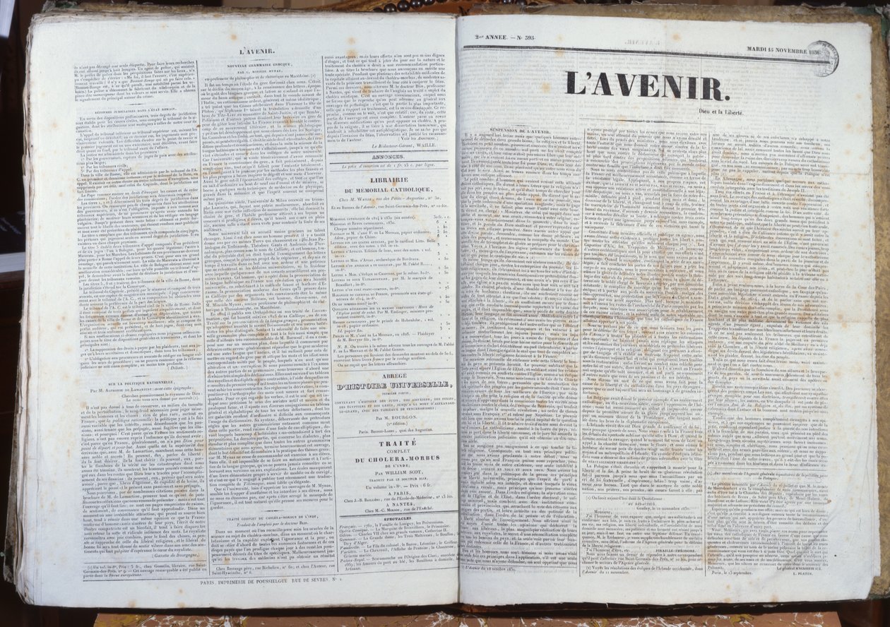 Senaste numret av tidskriften LAvenir, 16 november 1830 (tryckt papper) av French School