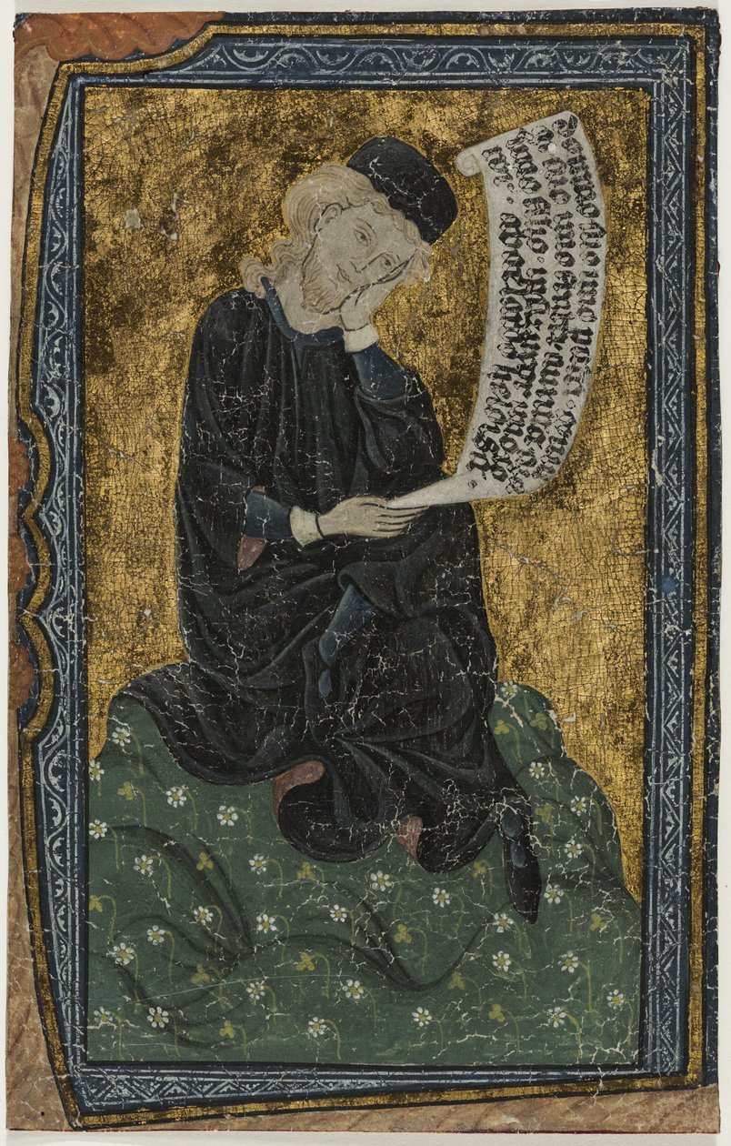 Blad: Abelard med rulle (tempera på pergament) sved av French School