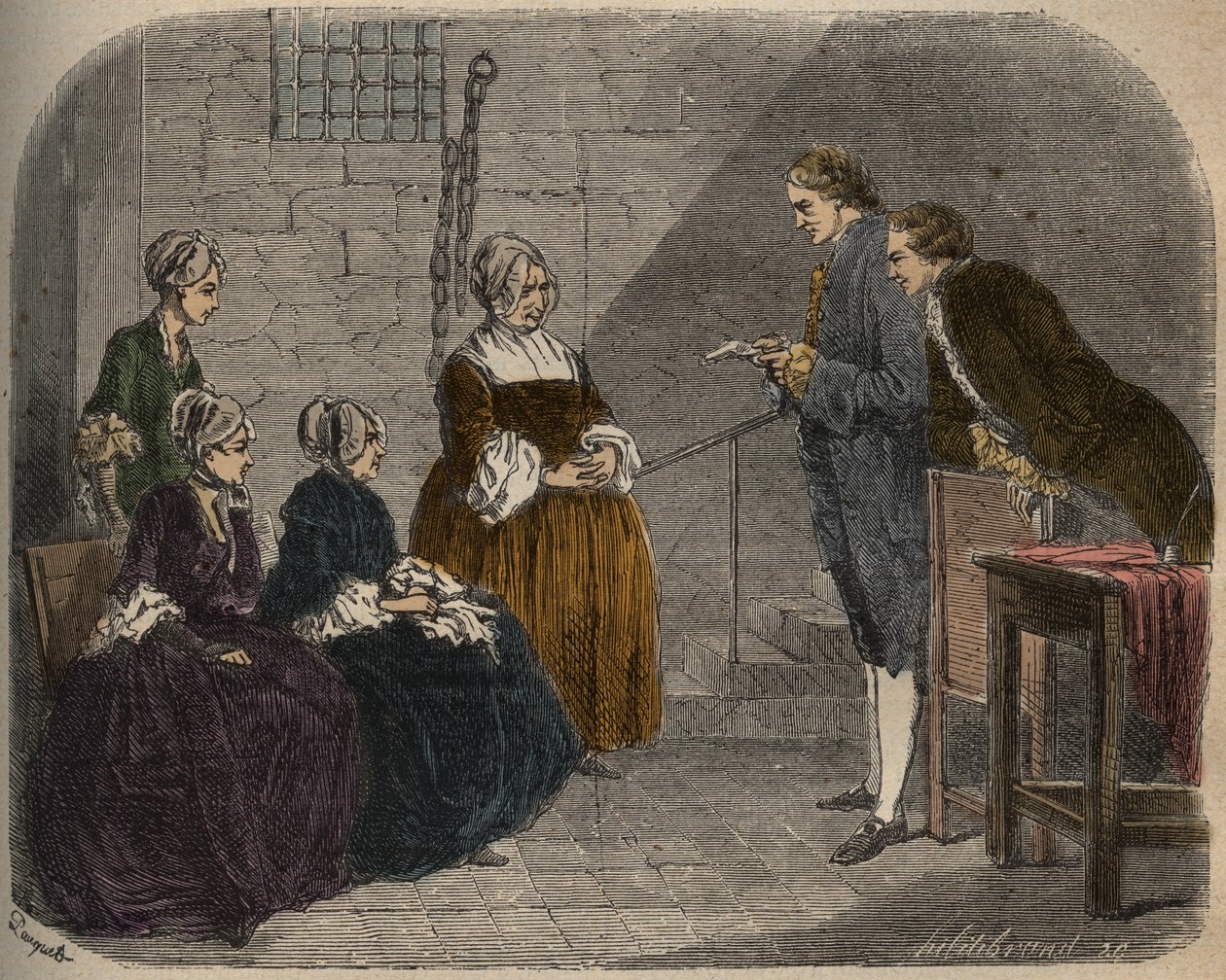 Madam Calas, med sina två döttrar, lyssnar på domen i rättegången mot hennes man Jean, illustration från Causes celebres de tous les peuples, av Armand Fouquier, 1858-67 av French School