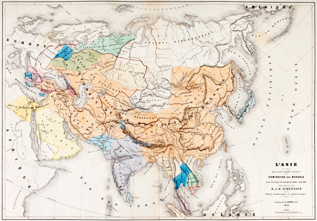 Karta över Asien vid tiden för den största omfattningen av mongolernas dominans under Kublai Khans regeringstid, från LHistoire Universelle Ancienne et Moderne, publicerad i Strasbourg ca 1860 (färgad sv av French School