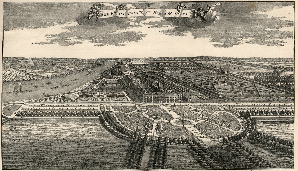 Karta över den kungliga domänen av Hampton Court, som visar avenyerna i parken enligt planeringen av William III. av French School