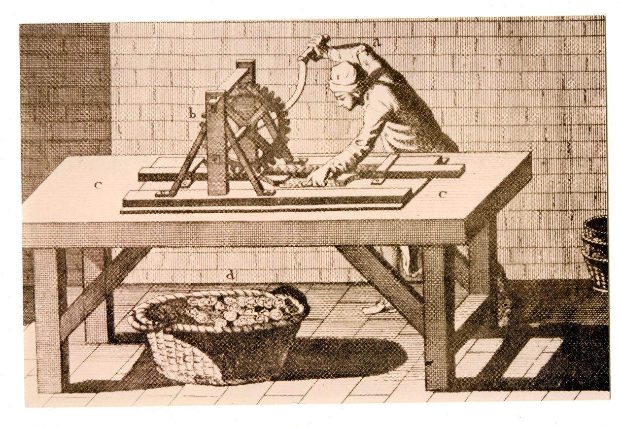 Markering av myntens kant med en kantmarkeringsmaskin med parallella stång, från Encyclopédie av Denis Diderot och Jean le Rond dAlembert, 1771 av French School