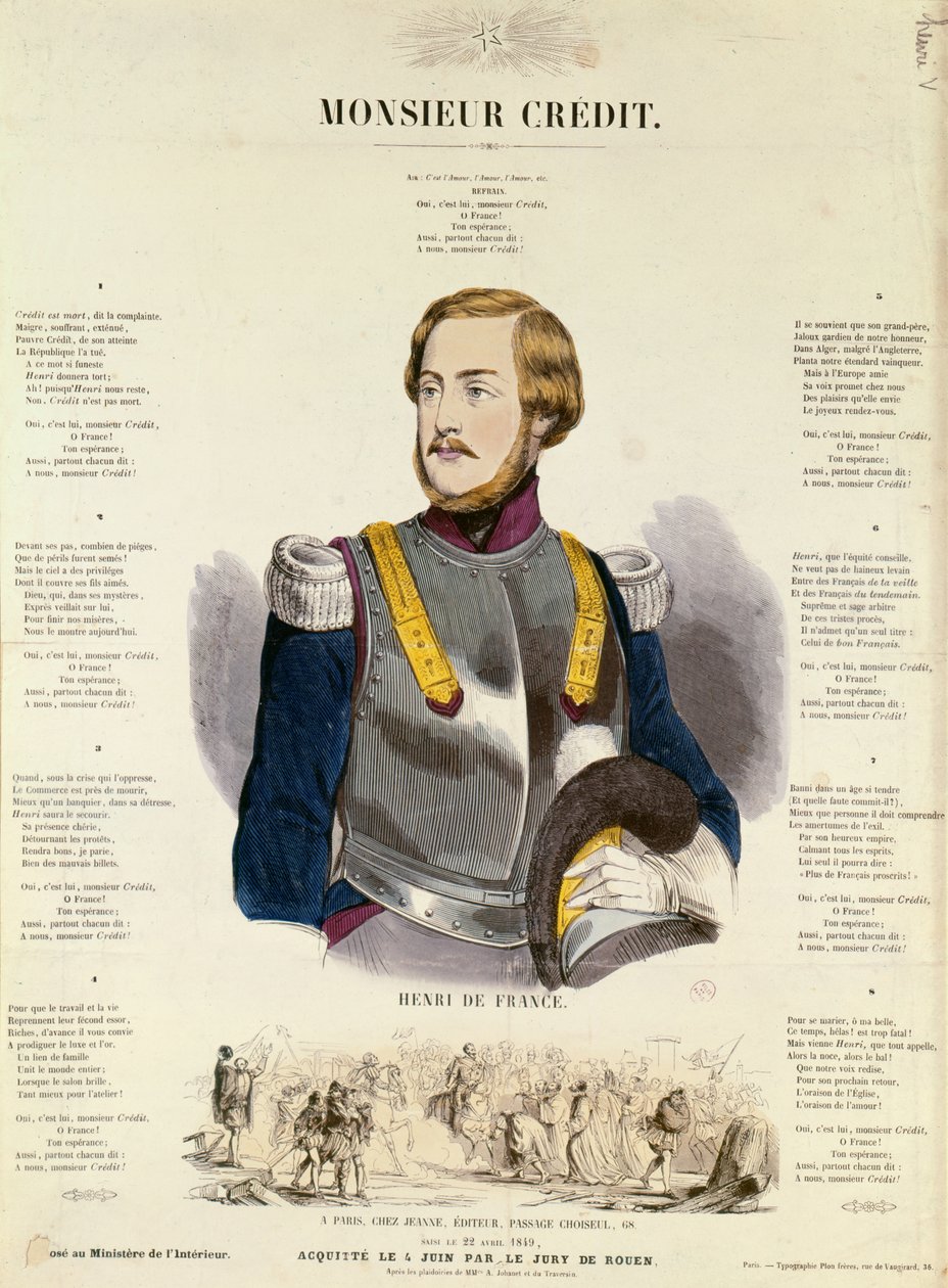 Monsieur Credit, fransk royalistisk propaganda som hyllar Henri Charles Ferdinand Marie Dieudonne av Frankrike, hertig av Bordeaux, greve av Chambord av French School