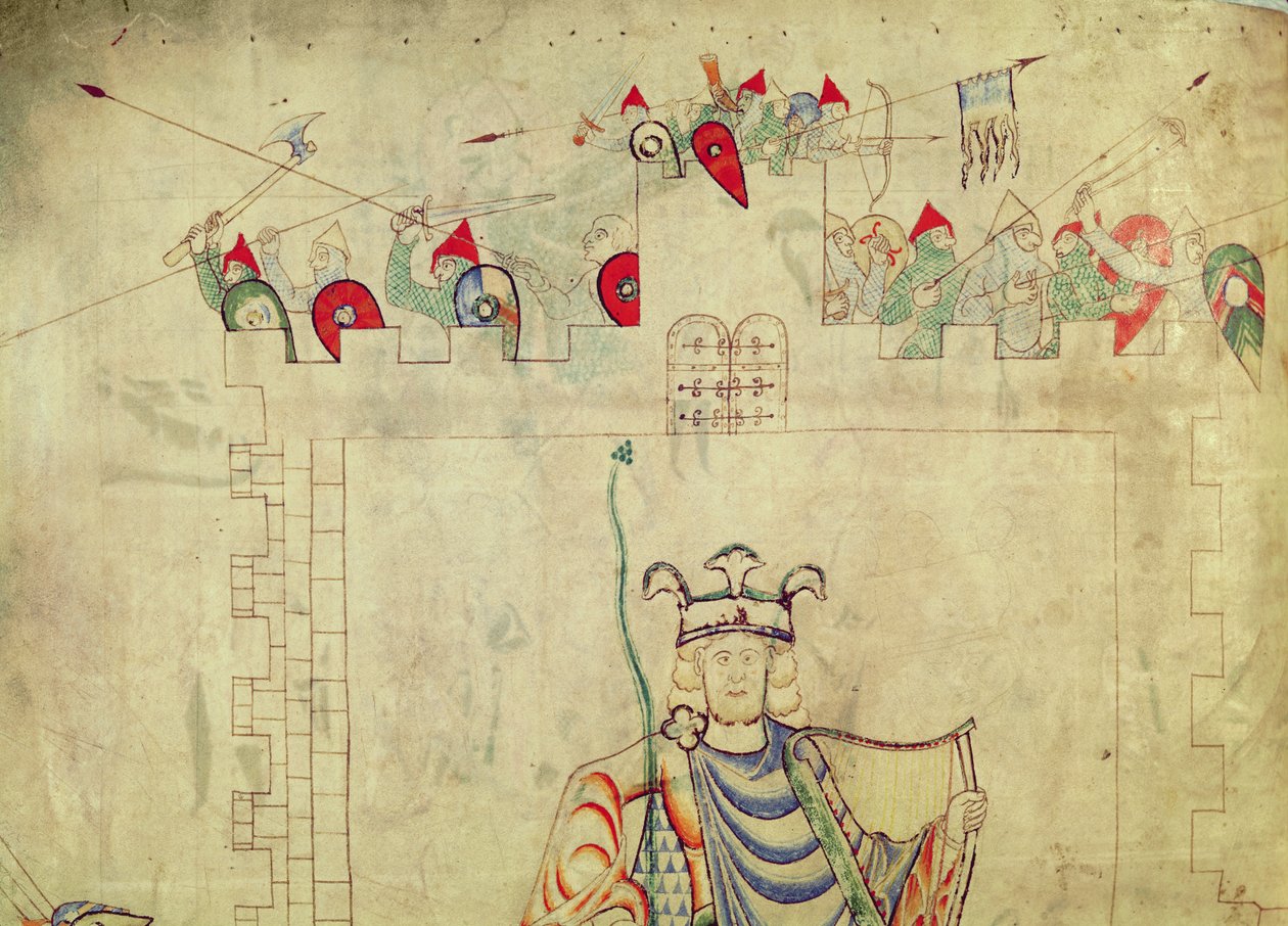 Ms 1215 t.3 fol.13v Kung David Sittande i Majestät i Jerusalems centrum, detalj av soldater på vallarna, från Bibeln av St. Etienne Harding av French School