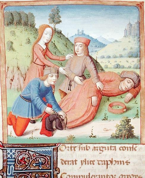 Ms 493 f.12v Den sovande Silenus binds upp av herdarna och Aegle, från The Eclogues av Vergilius med en kommentar av Servius, 1469 av French School