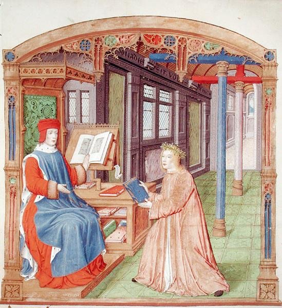Ms 493 fol.19 Vergilius (70-19 f.Kr.) erbjuder sin bok till Maecenas, från The Eclogues av Vergilius med en kommentar av Servius, 1469 av French School