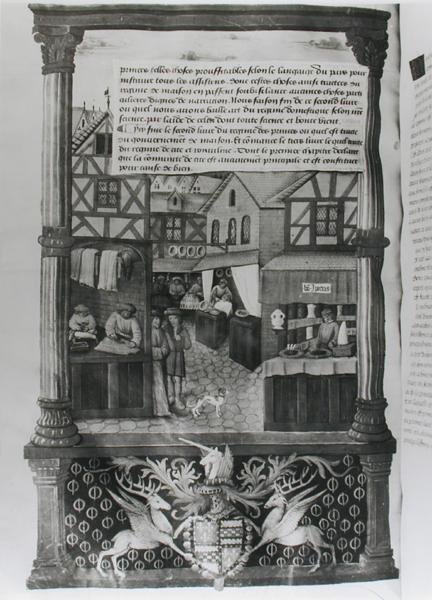 Ms 5062 fol.149v En gata med butiker och Robert Stuart, Marechal dAubigny Lucreces vapen, från Livre de Gouvernement des Princes av Gilles de Rome av French School