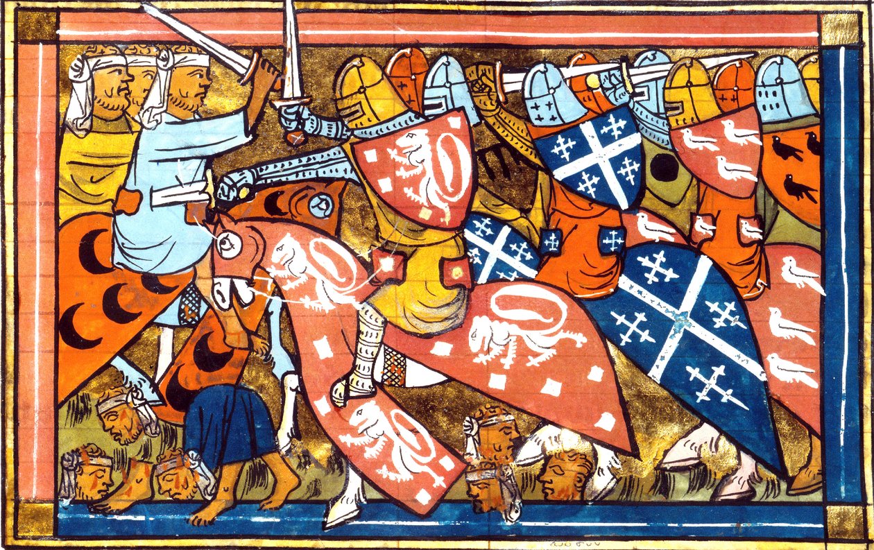 Ms FR 22495 f.265v Slaget vid Damietta i Egypten 1218-1219, under det femte korståget (1217-1221) från Historia av Guillaume de Tyr, 1337 av French School