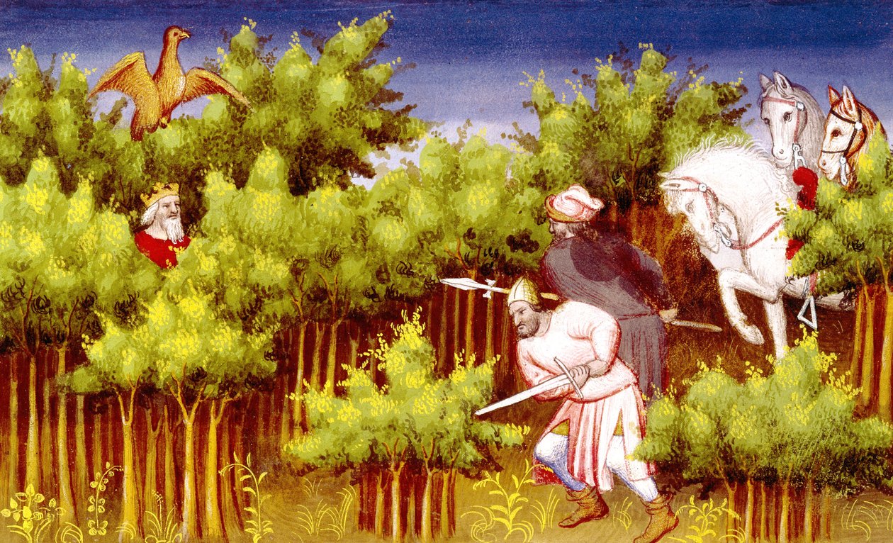 Fr 2810 f.200v, Genghis Khan flyr sina fiender genom att gömma sig i buskarna, från Livre des Merveilles du Monde, c.1410-12 (tempera på veläng) av French School