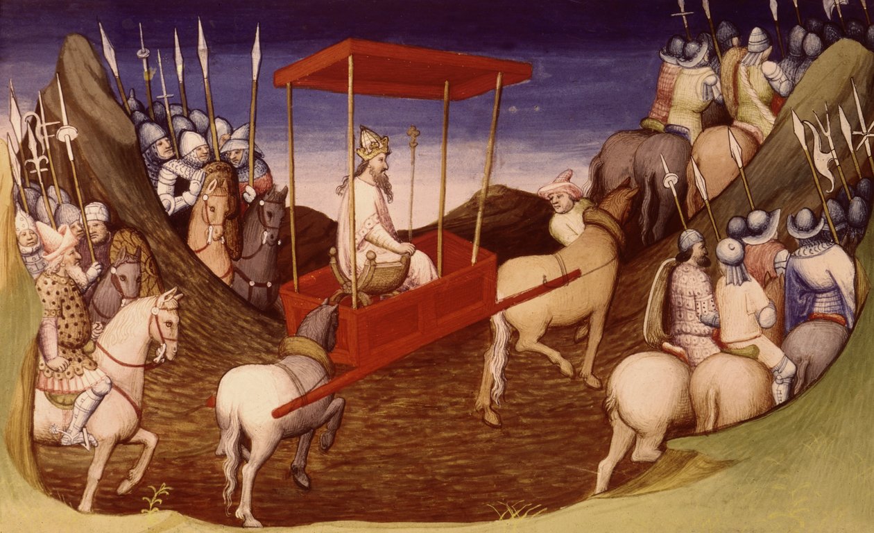 Fr 2810 f.204, The Great Khan anländer med sin eskort, från Livre des Merveilles du Monde, c.1410-12 (tempera på veläng) av French School