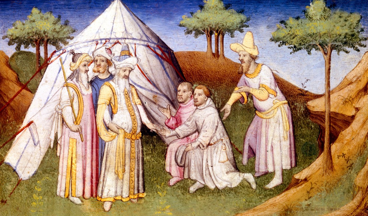 Bi Fr 2810 f.2v, Kublai Khan akisalimiana na ndugu Polo, kutoka Livre des Merveilles du Monde, c.1410-12 (tempera on vellum) swed av French School